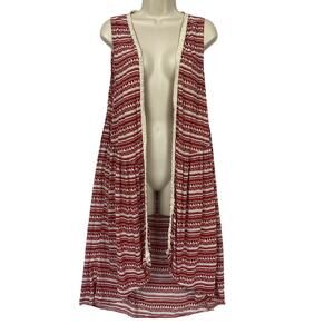 Umgee Vest Top Small Boho Aztec Open Front Pockets Crochet Trim Western Red Long